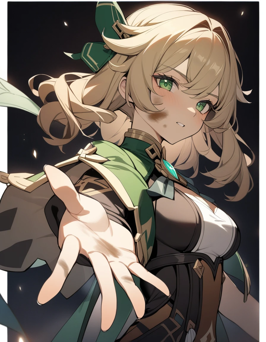 1 Girl, Kelly \(Genshin Impact\), Genshin Impact, Dirty face, Outstretched Hand, close up, angle, shorten, dark, dark background, masterpiece, best quality