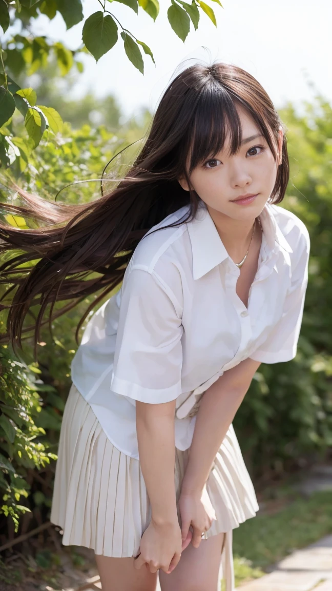 (((Low angle shooting、Looking into the camera:1.22,Leaning forward、Open shirt、No underwear)))、(((8K、Highest quality、masterpiece、Ultra-high resolution)))、(Realistic:1.4)、RAW Photos、(Real skin texture:1.3)、(Film Grain:1.3)、((Are standing、Skirt flutters in strong winds、Under the skirt、Do not bend your legs、Don'Don'don't bend your knees、Spread your thighs、Beachside、))、One Girl、Beautiful and detailed eyes and face、masterpiece、Highest quality、close、thin、Japanese Uniform、dynamic、barefoot、Mr..々Pause、