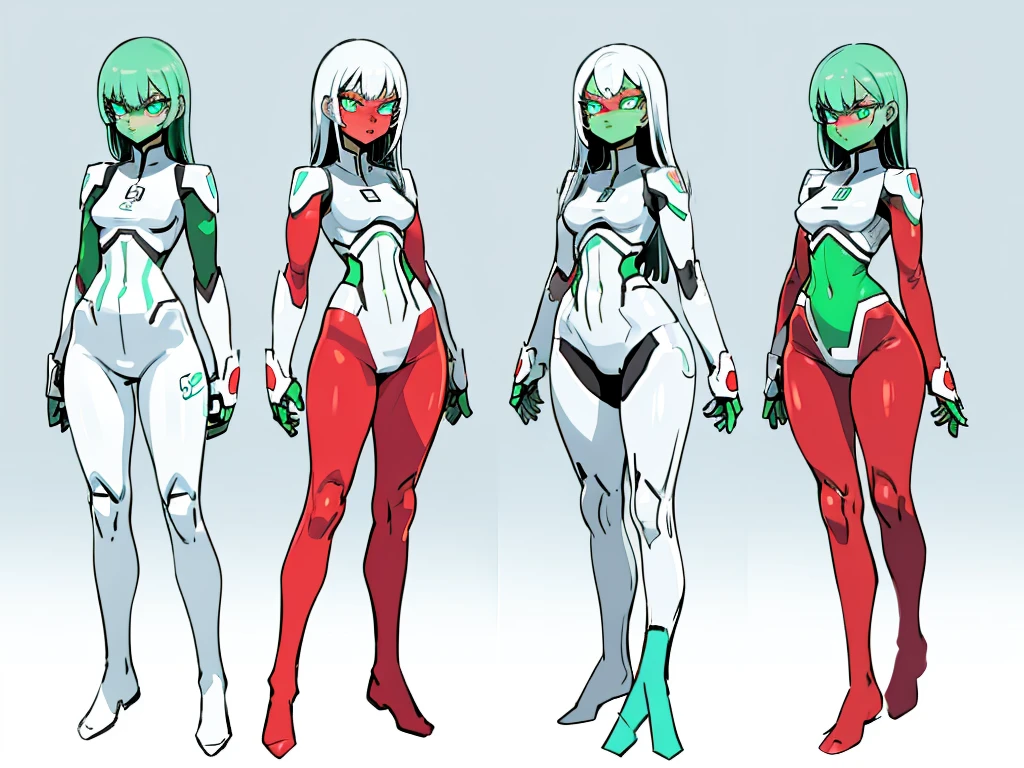 ((full bodyesbian)), (Simple background), ((multiple views)), ((High resolution)), (simple background), (white backgrounid:1.3), 1girl, muscular frame with thick, skin with glowing circuits in green or red, red or green but glowing eyes, short or long hair, skinsuit. futuristic dress or suit, stands in a challenging pose, hands on hips, exuding a terrifying yet captivating presence, with a full-body representation.