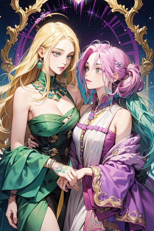 blonde hair styled into dreadlocks with some strands dyed strong malachite green, vivid cornflower blue, and brilliant rose. A dreadlock on the left side of her head has a purple cat bead; another dreadlock on her right side has a golden loop. She has moderate gamboge eyes and wears pale magenta lipstick. SPARKLE; GLITTER