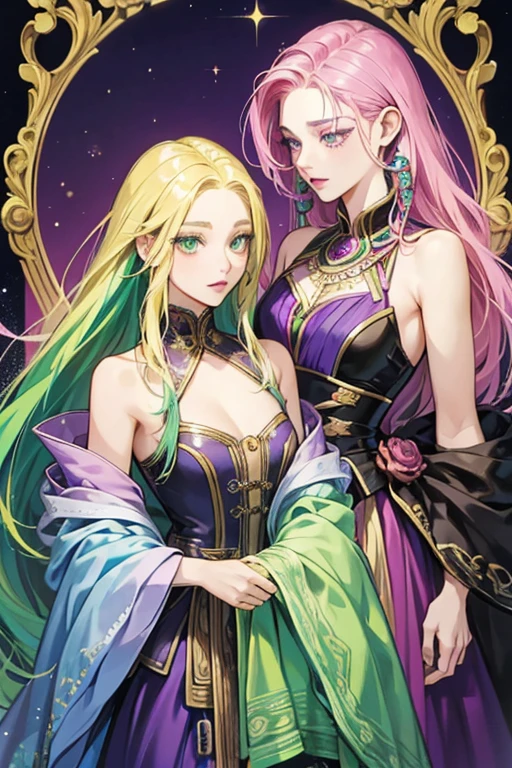  blonde hair styled into dreadlocks with some strands dyed strong malachite green, vivid cornflower blue, and brilliant rose. A dreadlock on the left side of her head has a purple cat bead; another dreadlock on her right side has a golden loop. She has moderate gamboge eyes and wears pale magenta lipstick. SPARKLE; GLITTER