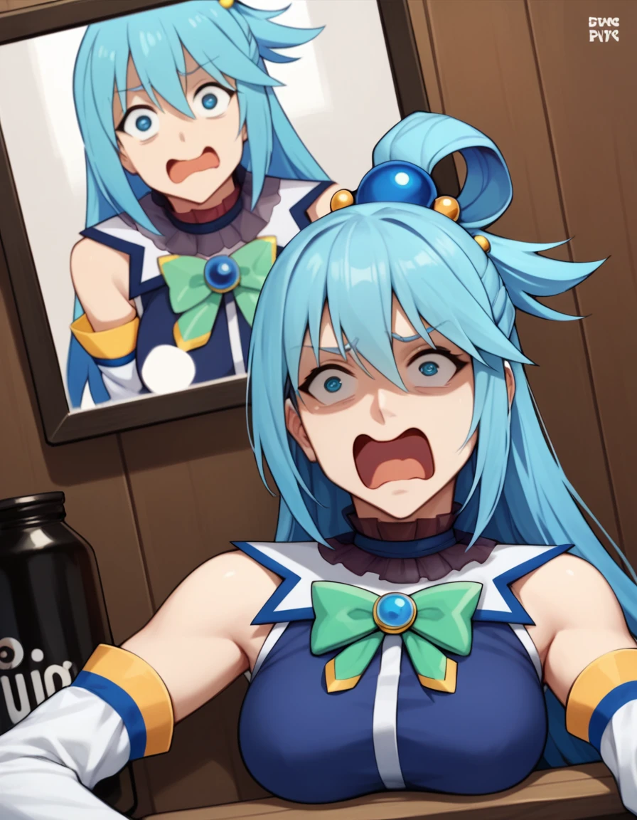 score_9, score_8_superior, score_7_superior, Through the screen, sauce_anime, One girl, Aqua \(KonoSuba\),  superiorper body,  tv set, Stuck, Blue Hair, Cry with your eyes open, shout,