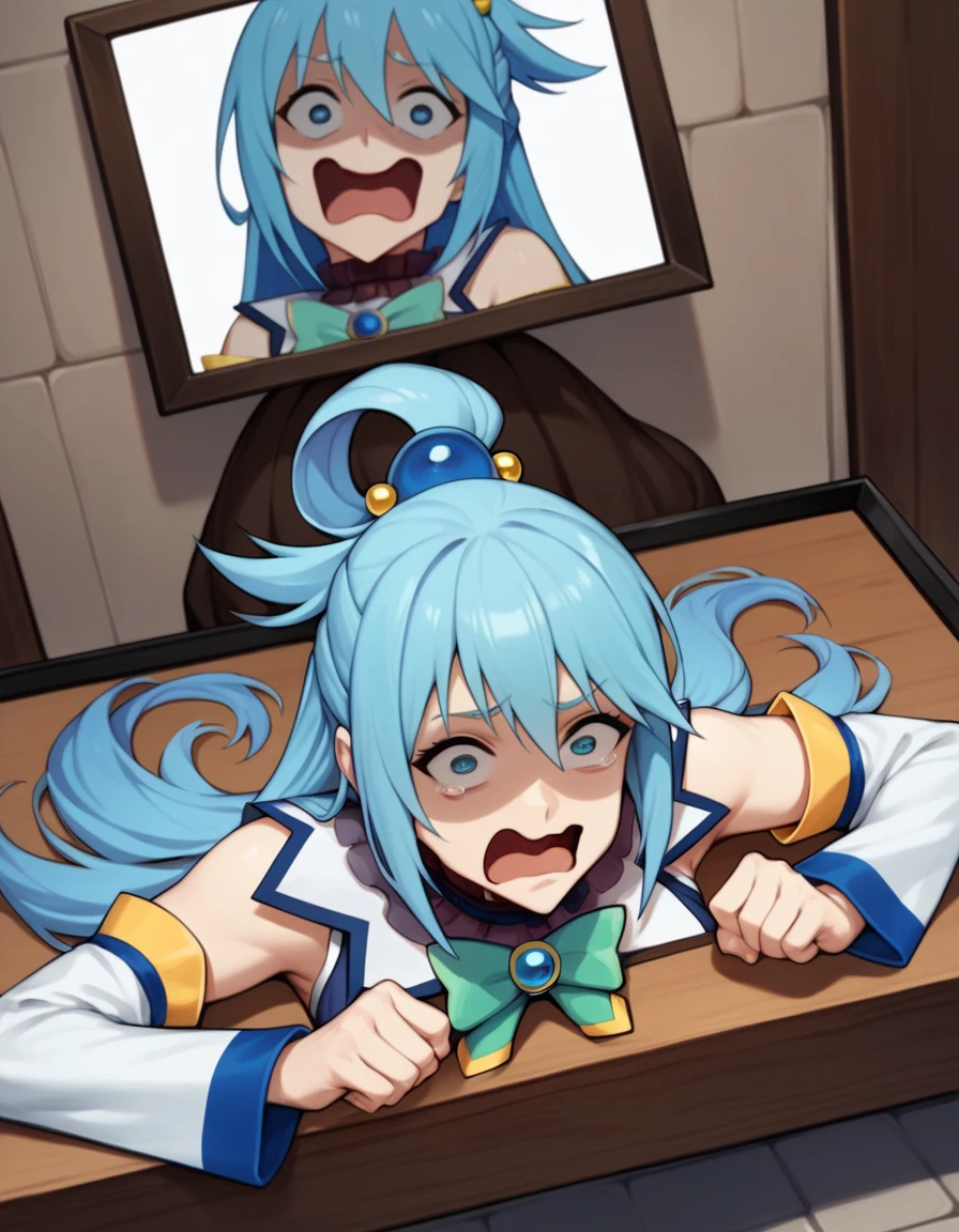 score_9, score_8_superior, score_7_superior, Through the screen, sauce_anime, One girl, Aqua \(KonoSuba\),  superiorper body,  tv set, Stuck, Blue Hair, Cry with your eyes open, shout,