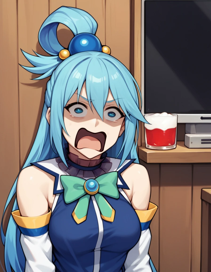 score_9, score_8_superior, score_7_superior, Through the screen, sauce_anime, One girl, Aqua \(KonoSuba\),  superiorper body,  tv set, Stuck, Blue Hair, Cry with your eyes open, shout,