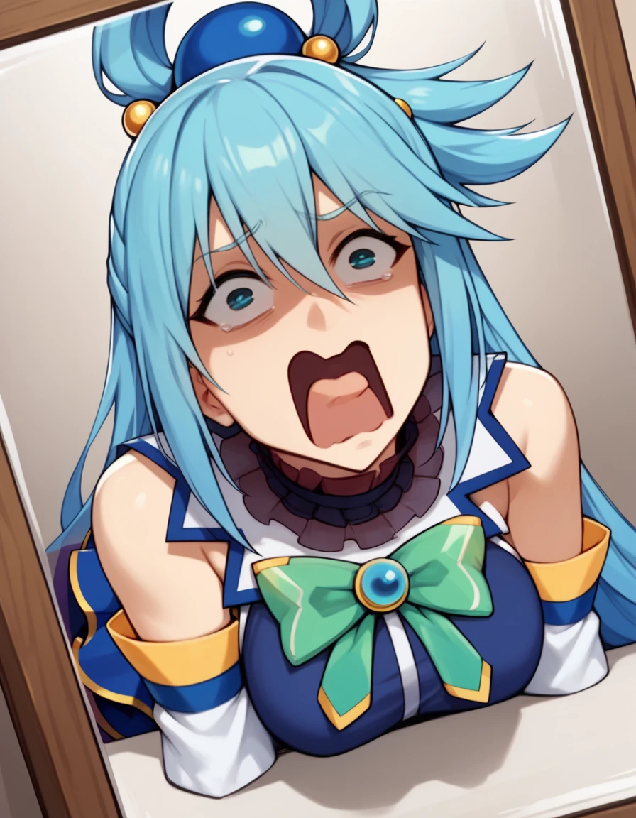 score_9, score_8_superior, score_7_superior, Through the screen, sauce_anime, One girl, Aqua \(KonoSuba\),  superiorper body,  tv set, Stuck, Blue Hair, Cry with your eyes open, shout,