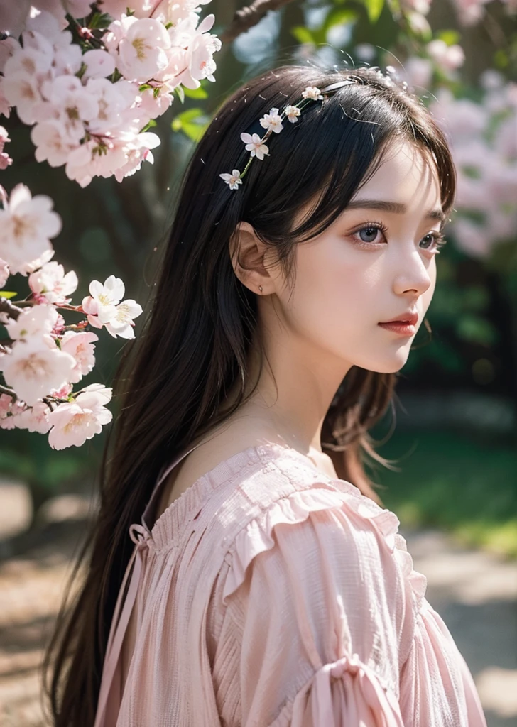Side view, Supersaturation, Colorful, fairy tale, dream-like, Movie-like characters, oil, 3d, 8K resolution, Sequins, Sparkling, Cherry Blossom Forest, moonlight, Close-up portrait adorable,Too cute cat, Fine grain, Large, round, reflective eyes,Dreamland、pastel colour、pleasant to the touch、