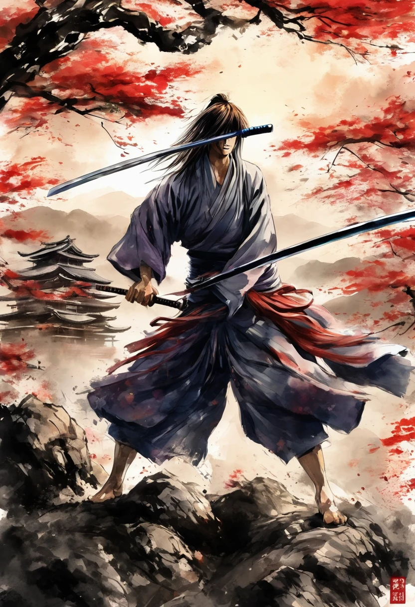 Drawn in sumi-e style、anime『Rurouni Kenshin』the protagonist of、Himura Kenshin performing an intense sword fighting scene。Dynamic movement and powerful brushstrokes、Illustrations that express the beauty of traditional Japanese style with attention to detail。The background is an old-fashioned Japanese landscape.、The tension of the battle and Kenshin's dignity々The beautiful appearance stands out。