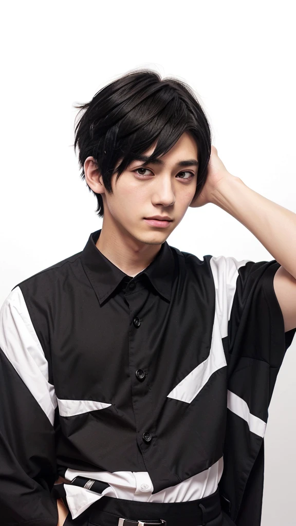 a close up of a person wearing a black and white shirt, as an anime character, boy has short black hair, handsome anime pose, jk uniform, gapmoe yandere, shuushuu anime image, in an anime style, young anime man, anime boy, male anime style, inspired by Un'ichi Hiratsuka, kentaro miura manga style