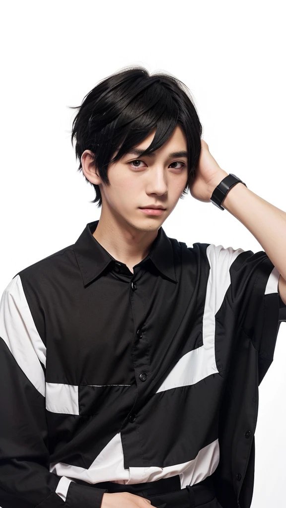 a close up of a person wearing a black and white shirt, as an anime character, boy has short black hair, handsome anime pose, jk uniform, gapmoe yandere, shuushuu anime image, in an anime style, young anime man, anime boy, male anime style, inspired by Un'ichi Hiratsuka, kentaro miura manga style