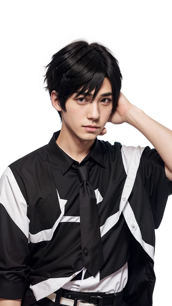 a close up of a person wearing a black and white shirt, as an anime character, boy has short black hair, handsome anime pose, jk uniform, gapmoe yandere, shuushuu anime image, in an anime style, young anime man, anime boy, male anime style, inspired by Un'ichi Hiratsuka, kentaro miura manga style