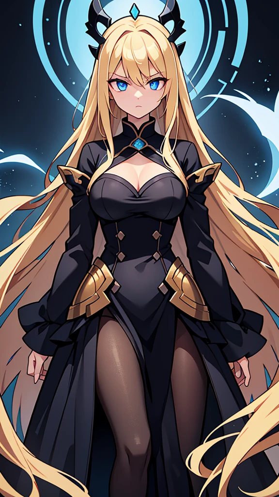 Nara Vor EndField has long, flowing blonde hair that reaches her waist and piercing blue eyes, reflecting intelligence and sharpness. She wears a wide, full-length black dress with a high collar, covering her completely and adding a touch of elegance. Her serious and focused expression suggests determination and readiness for a challenge. The abstract, glowing background enhances the mysterious and dramatic aura surrounding her, emphasizing her strong and charismatic presence.