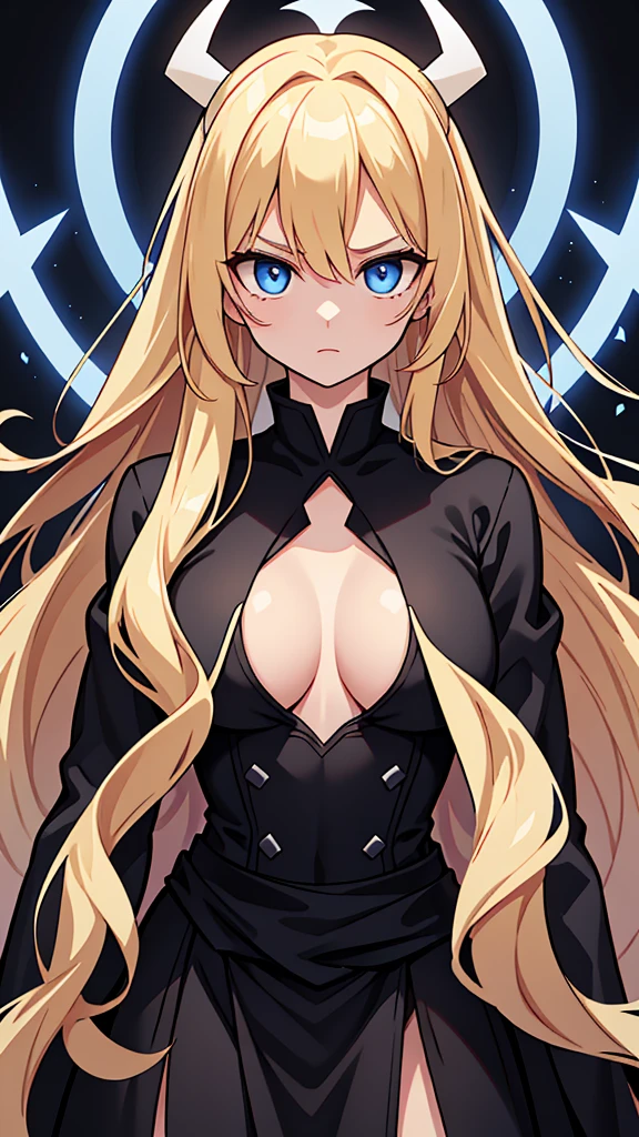 Nara Vor EndField has long, flowing blonde hair that reaches her waist and piercing blue eyes, reflecting intelligence and sharpness. She wears a wide, full-length black dress with a high collar, covering her completely and adding a touch of elegance. Her serious and focused expression suggests determination and readiness for a challenge. The abstract, glowing background enhances the mysterious and dramatic aura surrounding her, emphasizing her strong and charismatic presence.