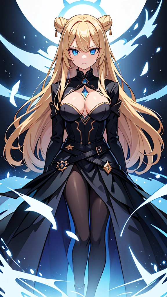 Nara Vor EndField has long, flowing blonde hair that reaches her waist and piercing blue eyes, reflecting intelligence and sharpness. She wears a wide, full-length black dress with a high collar, covering her completely and adding a touch of elegance. Her serious and focused expression suggests determination and readiness for a challenge. The abstract, glowing background enhances the mysterious and dramatic aura surrounding her, emphasizing her strong and charismatic presence.