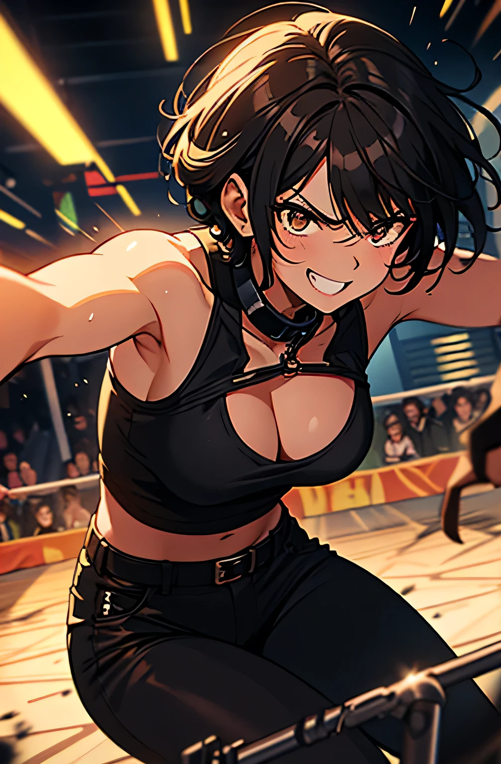 melhor qualidade)), ((Obra de arte)), (detalhado), Just 1 adult woman of black race, mulatta, very curly hair, very short hair above the neck, brown skin, brown eyes, with a lot of scars, black tank top, black pants, open black jacket, goth emo style, threatening appearance, frightening smile, in a tournament, during a fight, in a battle scene, in a arena.