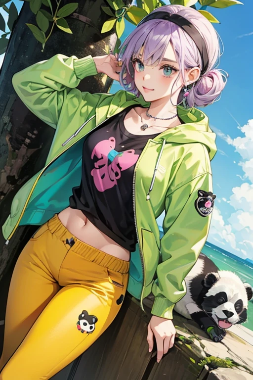 She wears a pink bandana to hold her hair back, and she has a necklace with a stone pendant. She wears a brilliant azure T-shirt with a white silhouette design on the front of a pigeon holding a olive tree branch with 3 leaves, which is underneath an grayish lime green jacket with a hood. There are pins attached to her jacket: on the right side, she has a daisy pin; on the left side, she has a ladybug pin, a panda pin, and a yellow and green pin. Additionally, she wears moderate tangelo jean shorts, brown leggings, and dark purple and white sneakers. She is often seen wearing the pin that Ivan gives her in the episode Horrificator. SPARKLE; GLITTER