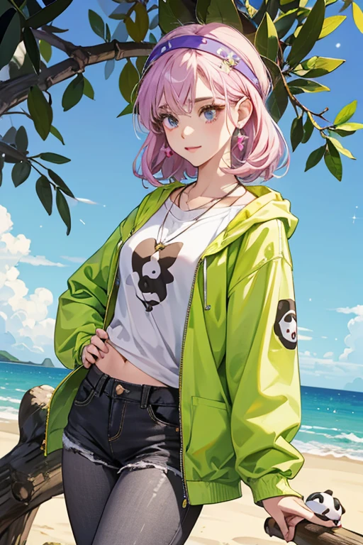 She wears a pink bandana to hold her hair back, and she has a necklace with a stone pendant. She wears a brilliant azure T-shirt with a white silhouette design on the front of a pigeon holding a olive tree branch with 3 leaves, which is underneath an grayish lime green jacket with a hood. There are pins attached to her jacket: on the right side, she has a daisy pin; on the left side, she has a ladybug pin, a panda pin, and a yellow and green pin. Additionally, she wears moderate tangelo jean shorts, brown leggings, and dark purple and white sneakers. She is often seen wearing the pin that Ivan gives her in the episode Horrificator. SPARKLE; GLITTER