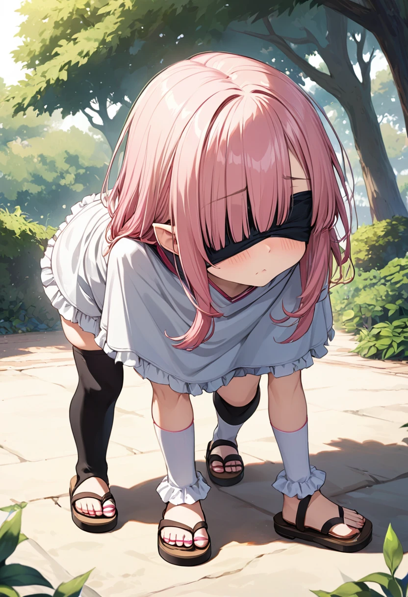 BREAK Perfect Anatomy、(High resolution:1.2)、Incredible illustrations、(Cute illustrations:1.2)、(Beautiful background(bushes in the park)from behind:1.8) 1little girl((multicolored pink hair hair,((((bangs over eyes)))), embarrassed,)1girl((a girl,elf 1.5meters, 25kg,18 years old female, ((tunic,poncho,frilled pants,asymmetric thigh-high socks, sandals),tilting head,(upskirt))(all fours) ,