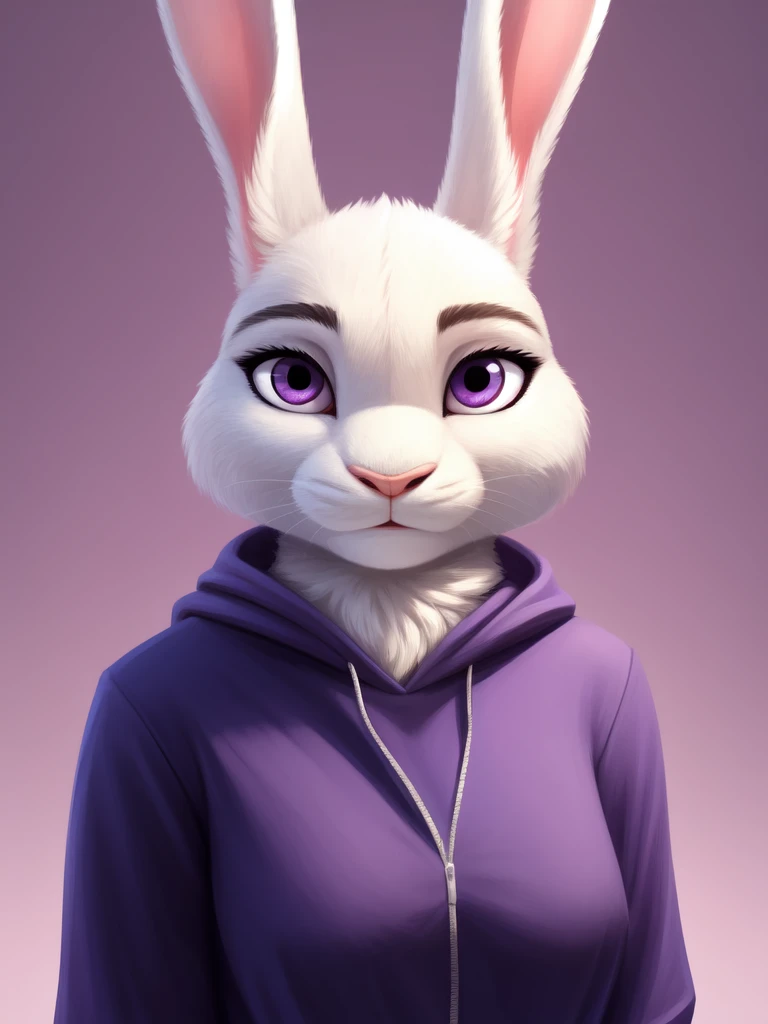 anthro, solo, lagomorph, clothing, mammal, female, leporid, rabbit, fur, portrait, purple eyes, clothed, hi res, pink nose, topwear, bust portrait, white body, looking at viewer, simple background, lighting, tuft, white fur, big , full body
