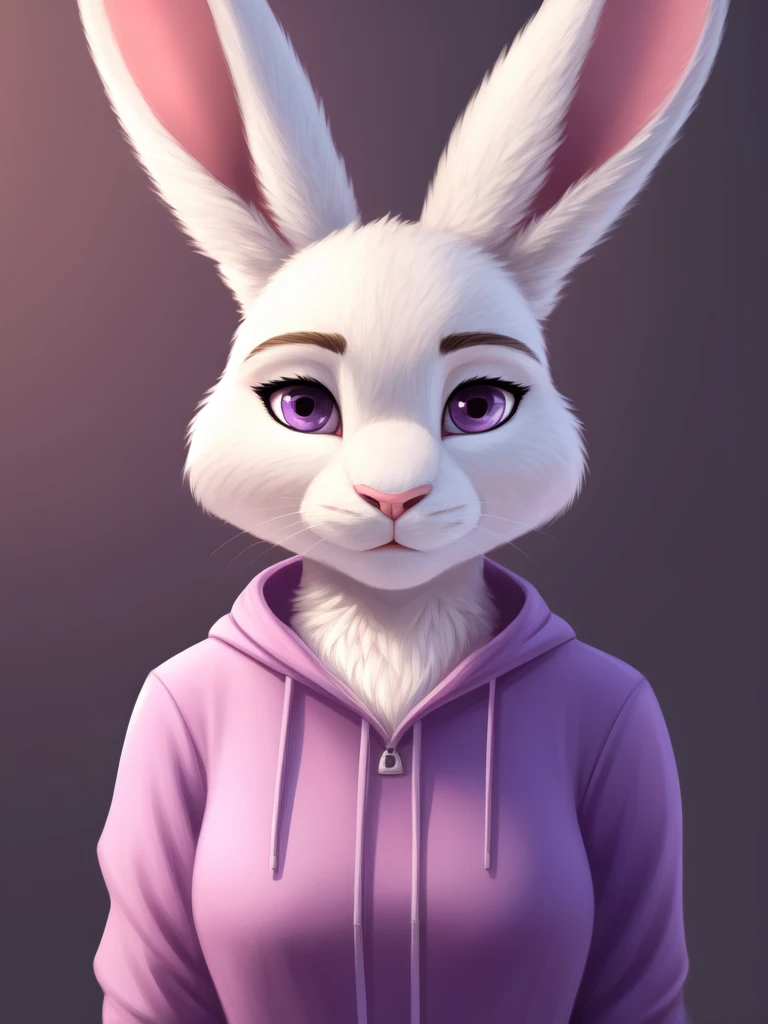 anthro, solo, lagomorph, clothing, mammal, female, leporid, rabbit, fur, portrait, purple eyes, clothed, hi res, pink nose, topwear, bust portrait, white body, looking at viewer, simple background, lighting, tuft, white fur, big , full body