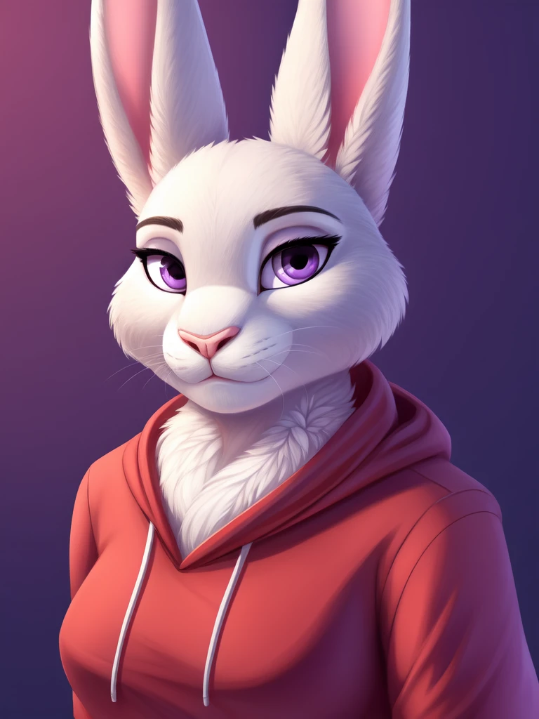 anthro, solo, lagomorph, clothing, mammal, female, leporid, rabbit, fur, portrait, purple eyes, clothed, hi res, pink nose, topwear, bust portrait, white body, looking at viewer, simple background, lighting, tuft, white fur, big , full body 