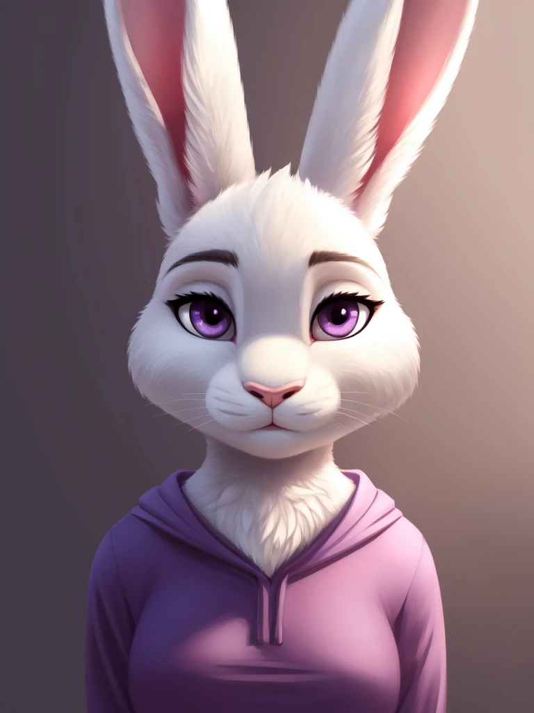 anthro, solo, lagomorph, clothing, mammal, female, leporid, rabbit, fur, portrait, purple eyes, clothed, hi res, pink nose, topwear, bust portrait, white body, looking at viewer, simple background, lighting, tuft, white fur, big , full body 