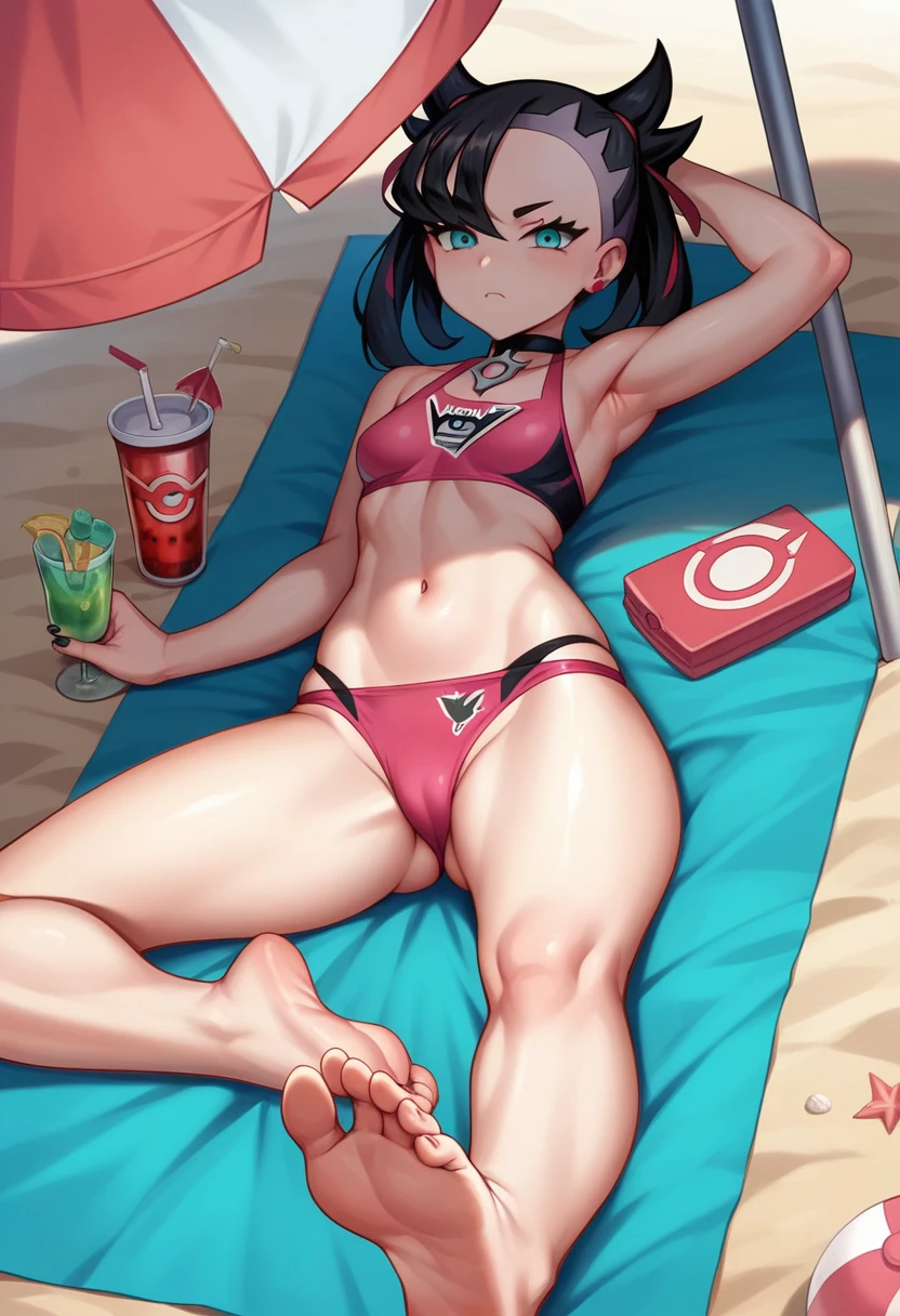Masterpiece, high quality, High Definition, definition face, a woman, serious face, black hair, short with braid, (Marnie from pokemon) with a swimsuit, background beach, with parasol and lying on a blue lounger, resting, with a drink table, whole body, bare feet, soles