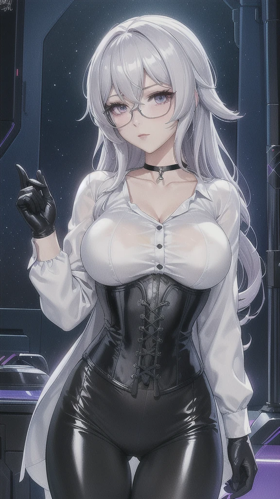 Masterpiece, Beautiful art, professional artist, 8k, detailed body, Very detailed face, very detailed eyes, Detailed clothing, detailed fabric, Best Quality, better resolution, 1 girl, bronya zaychik \(Honkai Impact 3rd\), front view, standing, big breasts, serious expression, At night , silver hair, glasses, choker:1.6, (white collar button down long sleeve shirt), (shiny black corset), black gloves that cover your hands, (shiny black leggings), looking at the viewer, elegant room, At night