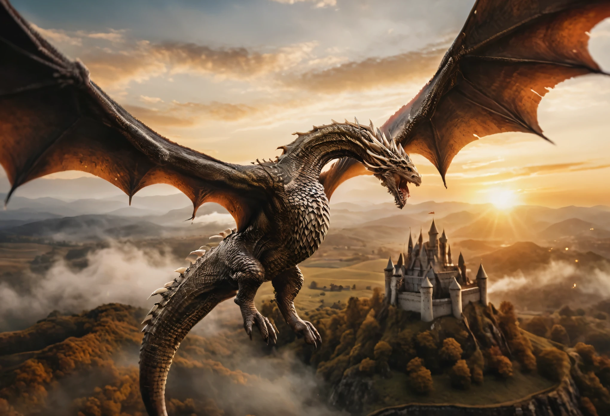 masterpiece, high quality, intricate details, cinematic photo a gold|iridescent dragon flying over a battlefield, medieval troops castle, breathing fire, sunset low-shot long-neck tattered wings motion blur . 35mm photograph, film, bokeh, professional, 4k, highly detailed, highly detailed high saturation