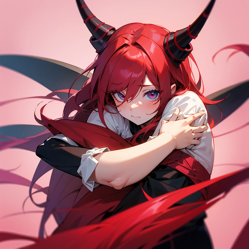 Red haired girl red eyes red horns with a pink haired blue eyes hugging banged and small