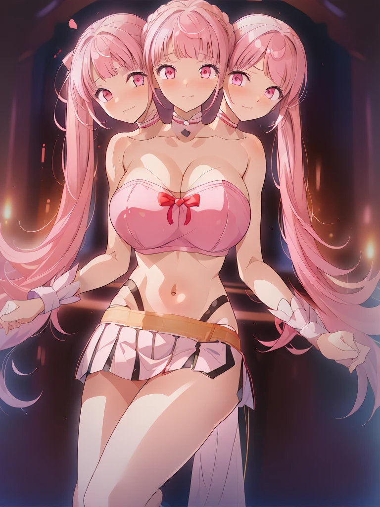 (masterpiece, best quality), best resolution, (3heads:1.5), 1girl, pink hair, twintails, smug, open belly, white crop top, white miniskirt, open breasts, huge ,
