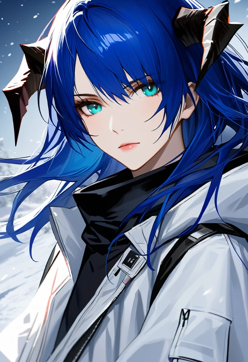 (woman), ((Mostima from arknights)), masterpiece, best quality, ((Bluer hair long)), horns, plain white shirt, white coat, black furred hood, dark blue eyes, realistic anime style, snow background, portrait.