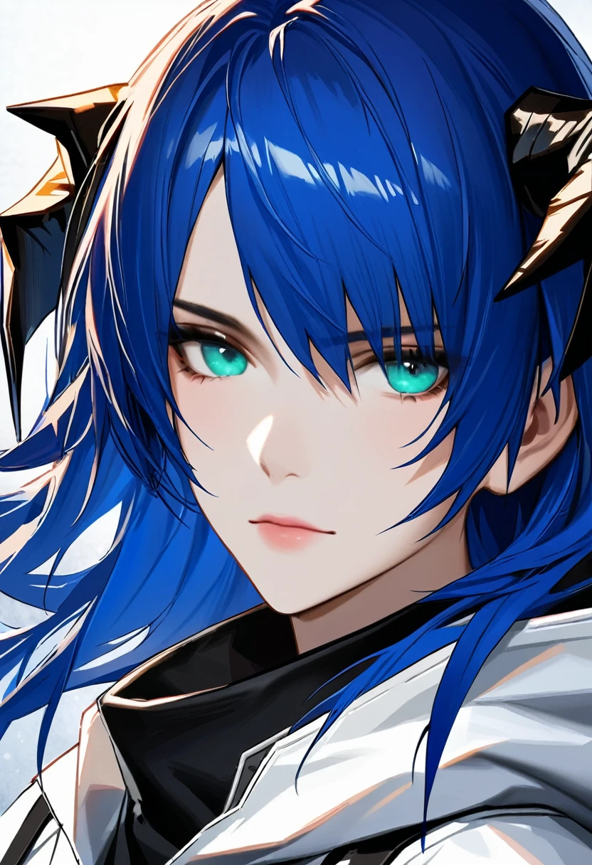 (woman), ((Mostima from arknights)), masterpiece, best quality, ((Bluer hair long)), horns, plain white shirt, white coat, black furred hood, dark blue eyes, realistic anime style, snow background, portrait.