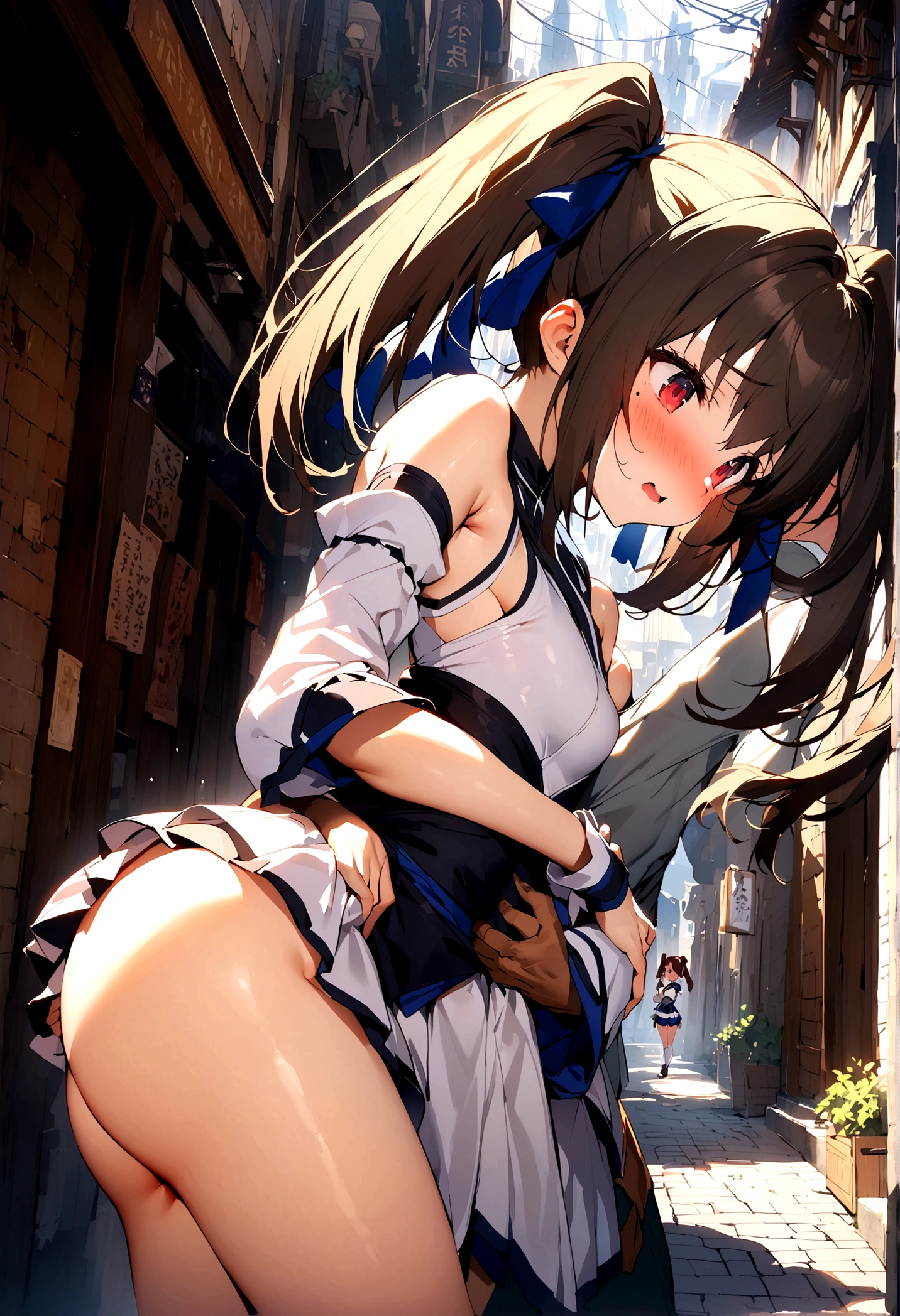 NSFW,masterpiece,Highest quality,High resolution,Super detailed,Nekone \(Utawarerumono\),Brown Hair、（Red Eye：1.3）、ribbon,Twin tails、ヘアribbon、Mole、目の下のMole,Small breasts,Fantasy World,Shopping Street,Alley,Japanese style,Removable sleeves,mini skirt,leotard,Half-naked,Open clothes,Embarrassed,blush,(Seduce),(Adult male),(A man puts his hands on her waist and hugs her),(caress),(Molester),Circling the body,hug,From the side