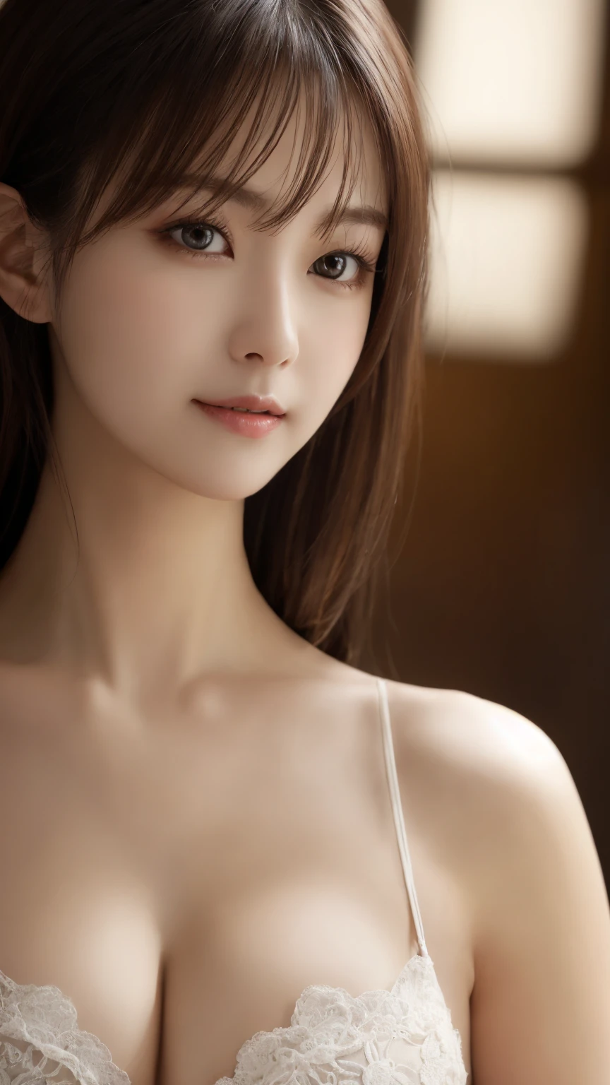 masterpiece、Highest quality、High resolution、Tabletop、wallpaper、Realistic、Bright lighting、Professional Lighting、Face Light、Smooth lighting、Japanese women、Adult、Beautiful woman、action、gravure、sexy、so beautiful、Beautiful Skin、Beautiful and exquisite、Detailed face、slim、Brown eyes、Looking into the camera、Cleavage、Big Breasts