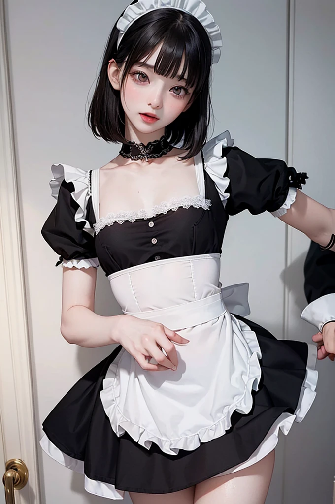 Highest quality, masterpiece, look up, cute,(((Beautiful maid girl))),((Small breasts)),,(Maid clothes),Black Hair,Bobcut,Beautiful Style,((Pale skin)),Sensual look,Embarrassed,Sexy expression,Expressions of delight