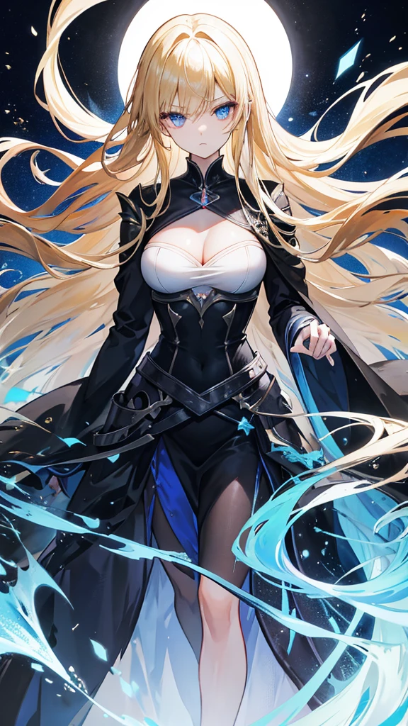 Nara Vor EndField has long, flowing blonde hair that reaches her waist and piercing blue eyes, reflecting intelligence and sharpness. She wears a wide, full-length black dress with a high collar, covering her completely and adding a touch of elegance. Her serious and focused expression suggests determination and readiness for a challenge. The abstract, glowing background enhances the mysterious and dramatic aura surrounding her, emphasizing her strong and charismatic presence.