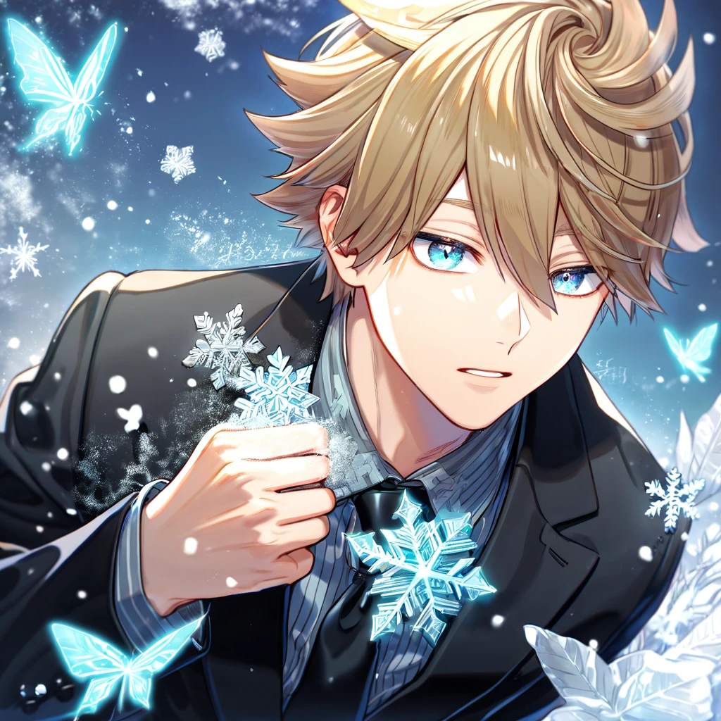 Ultra detailed, HDR, Highres, absurdres, master piece, Inukai Sumiharu, brown-blonde hair, expressive teal eyes, black necktie, black suit, World Trigger, ice butterflies, winter, ice, snowflakes, white flowers, sexy man, solo, cold, handsome, glittering,