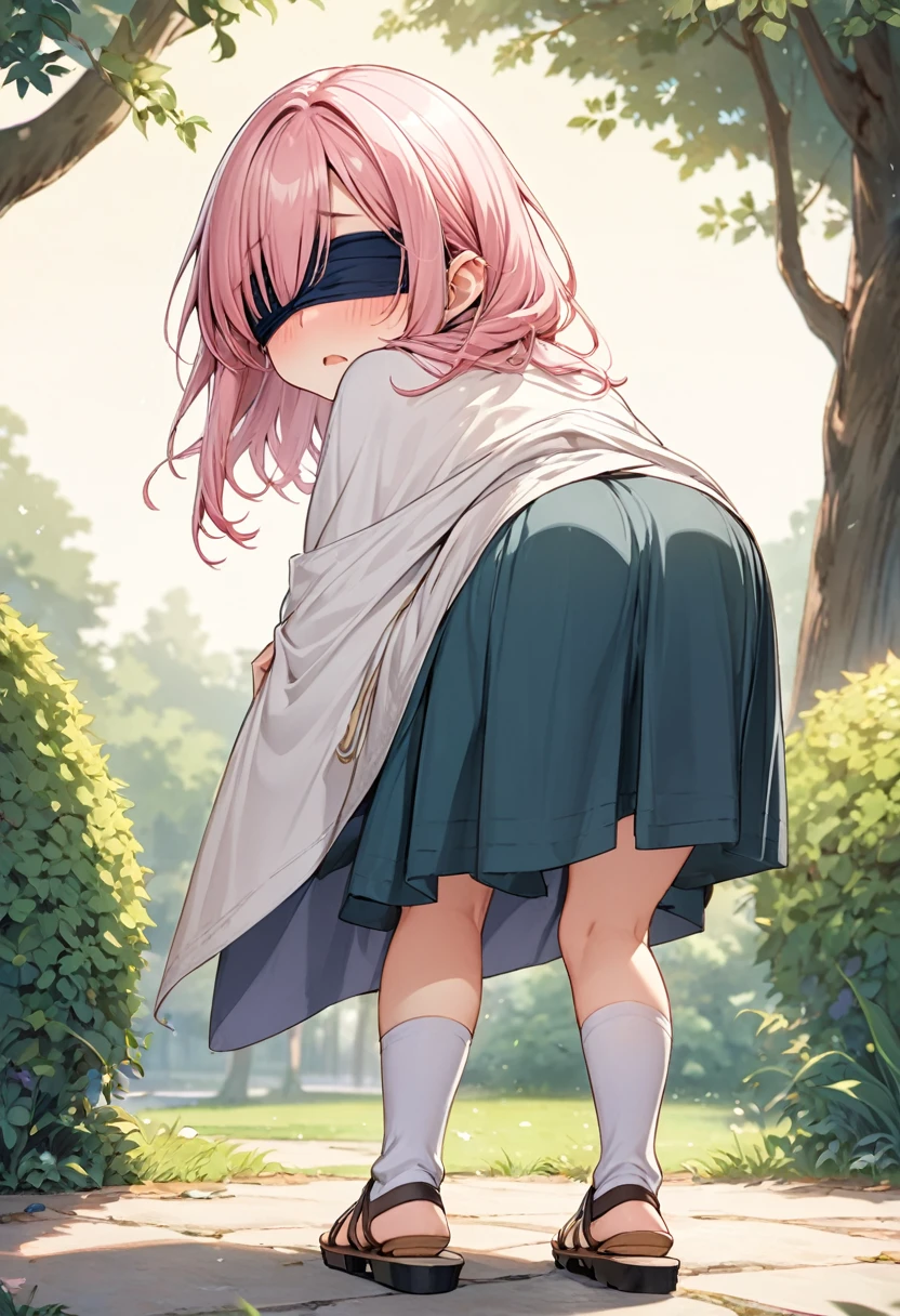 BREAK Perfect Anatomy、(High resolution:1.2)、Incredible illustrations、(Cute illustrations:1.2)、(Beautiful background(bushes in the park)from behind:1.8) 1little girl((multicolored pink hair hair,((((bangs over eyes)))), embarrassed,)1girl((a girl,elf 1.5meters, 25kg,18 years old female, ((tunic,poncho,loose pants,asymmetric thigh-high socks, sandals),tilting head,(,upskirt))(all fours) ,