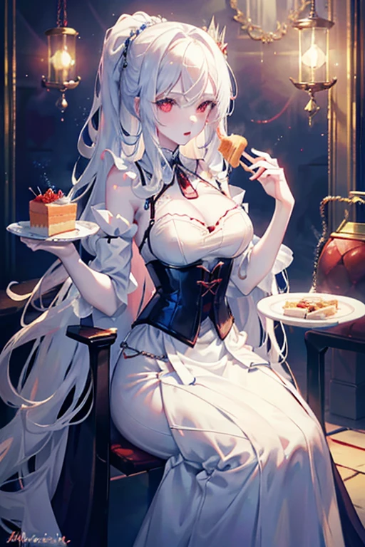 White curly hair, red eyes, 21 years old, Pale skin, Female, Hour glass body w/ pale skin, Diamond & silver crown, blue detailed corset, blue lace false collar sleeves, blue claw hand jewelry, eating pastry, holding a plate of cake.