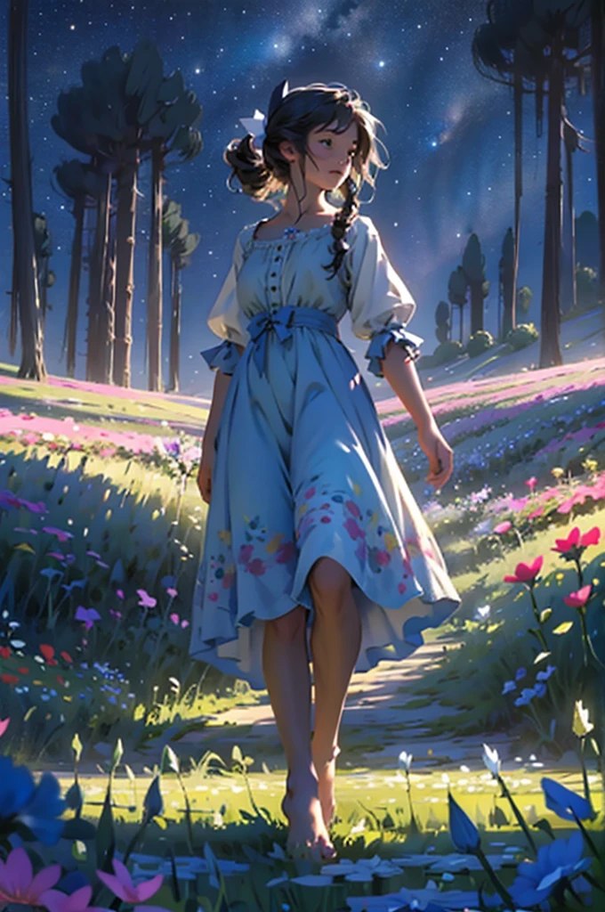alice in the wonderland, (A bow on the head:1.1), Upper body,There is a girl standing in a flower field looking up at the sky, A girl standing in a flower field, A girl walks in a flower field, Get lost in a fantastic wonderland, standing in flower field, dreamlike digital painting, The sky is gradually clearing, The starry sky gradually receded,(Monet, Impresionismo, Oil painting), Barefoot,Barefoot,01,