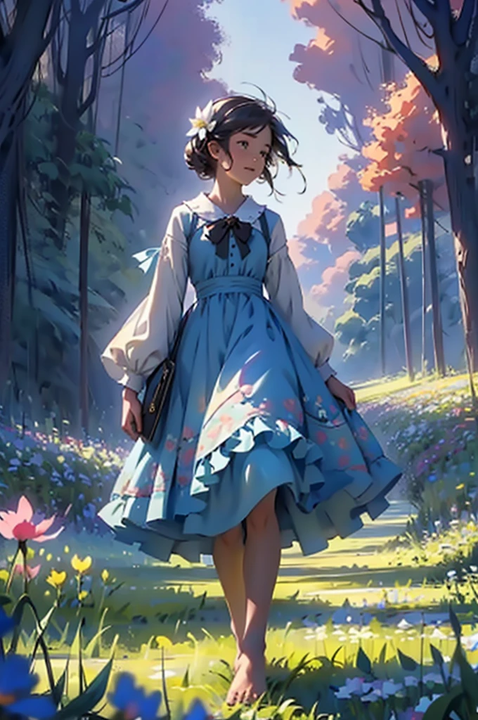alice in the wonderland, (A bow on the head:1.1), Upper body,There is a girl standing in a flower field looking up at the sky, A girl standing in a flower field, A girl walks in a flower field, Get lost in a fantastic wonderland, standing in flower field, dreamlike digital painting, The sky is gradually clearing, The starry sky gradually receded,(Monet, Impresionismo, Oil painting), Barefoot,Barefoot,01,