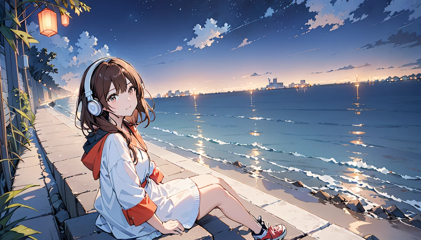 Girl wearing headphones,Brown Hair,1 person,bright,Sitting on the sea wall,night