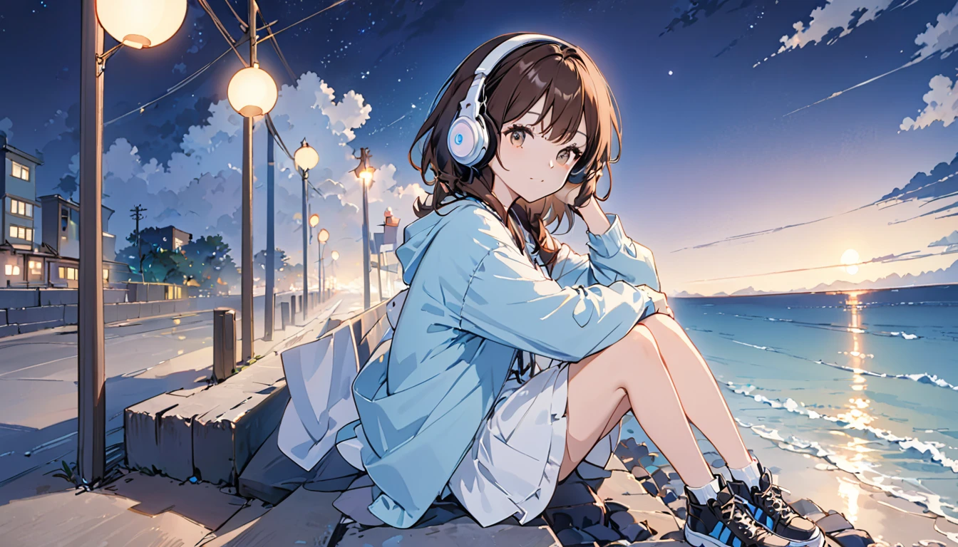 Girl wearing headphones,Brown Hair,1 person,bright,Sitting on the sea wall,night