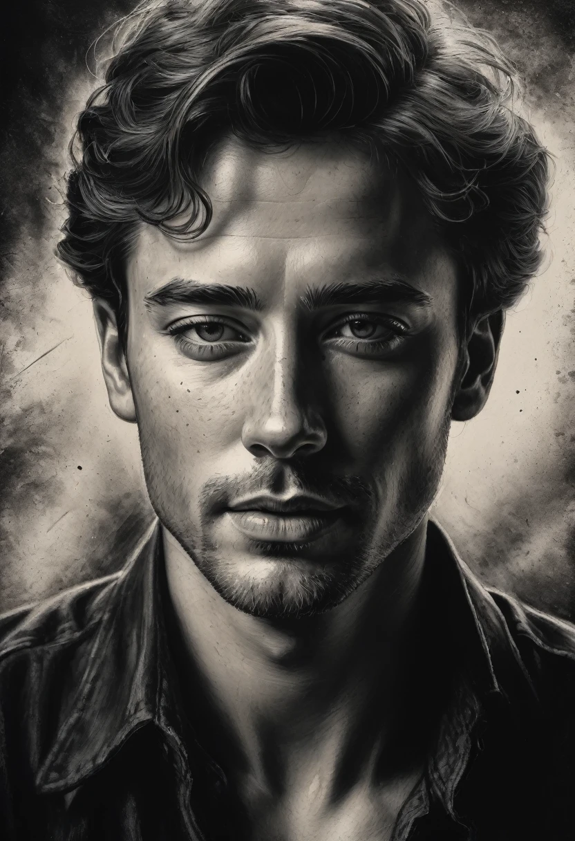 best qualityer, hyper realistic, ultra detali,realistic sketch:1.5,coal,portraite,paper texture,detailed facial features, freckles on the face, Shading and Highlights,dynamic composition,expressive traits,sharp contrast,highlights and shadows,black andwhite,emotion and expression of joy, Exquisite details,subtle textures,hand drawn,precise lines,fine arts,alto sharp contraste,dramatic lighting,qualified craftsmanship,aesthetic appeal,Polished finish,professionally executed