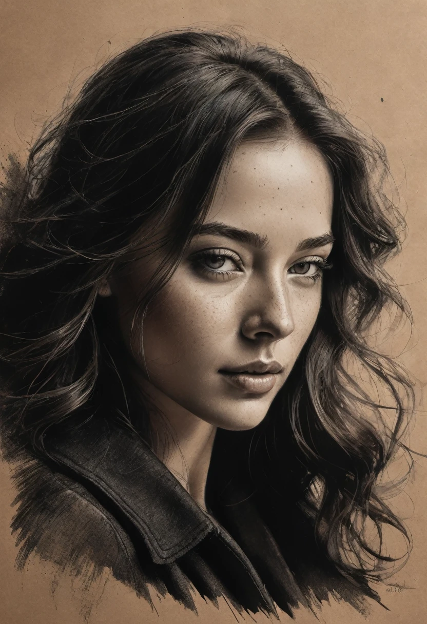 best qualityer, hyper realistic, ultra detali,realistic sketch:1.5,coal,portraite,paper texture,detailed facial features, freckles on the face, Shading and Highlights,dynamic composition,expressive traits,sharp contrast,highlights and shadows,black andwhite,emotion and expression of joy, Exquisite details,subtle textures,hand drawn,precise lines,fine arts,alto sharp contraste,dramatic lighting,qualified craftsmanship,aesthetic appeal,Polished finish,professionally executed