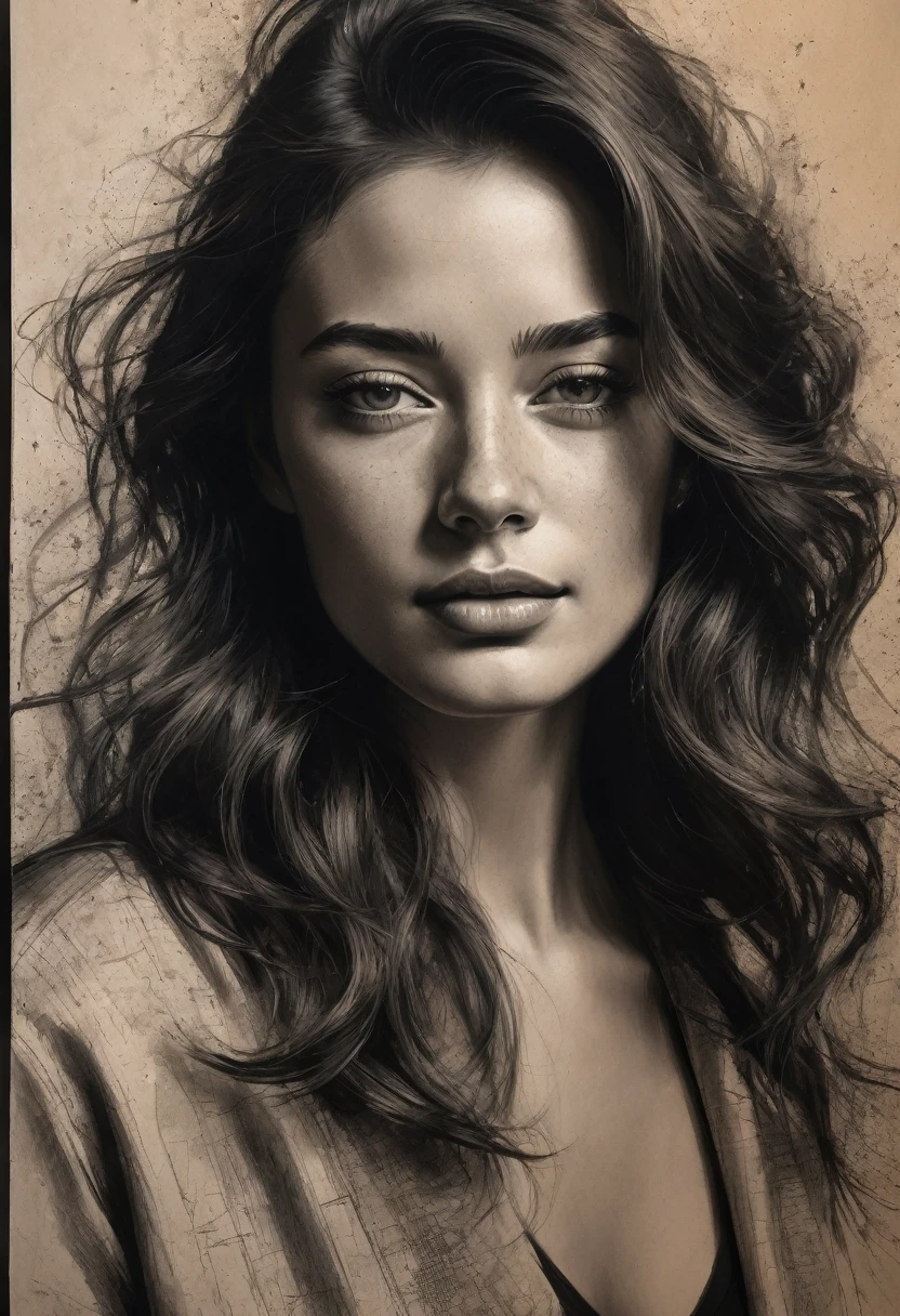 best qualityer, hyper realistic, ultra detali,realistic sketch:1.5,coal,portraite,paper texture,detailed facial features, freckles on the face, Shading and Highlights,dynamic composition,expressive traits,sharp contrast,highlights and shadows,black andwhite,emotion and expression of joy, Exquisite details,subtle textures,hand drawn,precise lines,fine arts,alto sharp contraste,dramatic lighting,qualified craftsmanship,aesthetic appeal,Polished finish,professionally executed