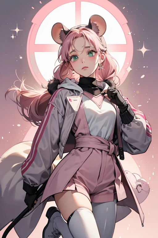 As Polymouse, Mylène has moderate green eyes, and her hair is still braided, but is light brilliant rose-colored and shorter, tied into a pigtail in the back of her head, which is hidden by a medium gray jacket with a hood which bears mouse ears with light pink insides. She wears a medium gray mouse-themed turtlenecked jumpsuit with a pale pink front, starting from her collar to her thighs. And pale pink gloves and boots with light amaranth borders, fingers and soles, which have magentaish black mouse footprint markings. And a light gray face mask with pale pink eyelids and borders, and a brilliant crimson accent on the bridge of her nose, resembling a nose. The skip rope, when not in use, is tied in her hips, resembling a mouse's tail. The gray material of her costume seems to be iridescent as it shines pink in some lighting. SPARKLE; GLITTER