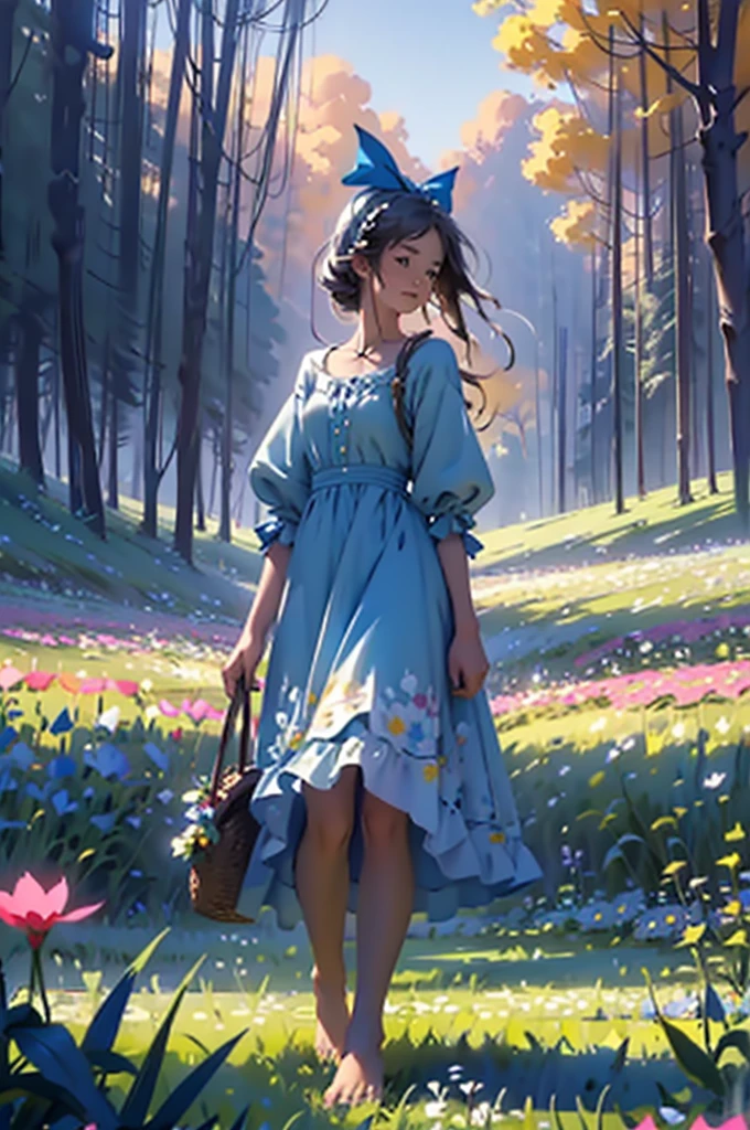 alice in the wonderland, (A bow on the head:1.1), Upper body,There is a girl standing in a flower field looking up at the sky, A girl standing in a flower field, A girl walks in a flower field, Get lost in a fantastic wonderland, standing in flower field, dreamlike digital painting, The sky is gradually clearing, The starry sky gradually receded,(Monet, Impresionismo, Oil painting), Barefoot,Barefoot,01,