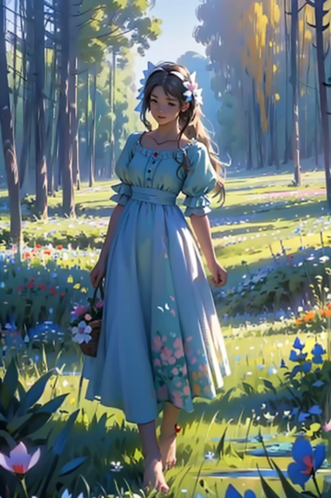 alice in the wonderland, (A bow on the head:1.1), Upper body,There is a girl standing in a flower field looking up at the sky, A girl standing in a flower field, A girl walks in a flower field, Get lost in a fantastic wonderland, standing in flower field, dreamlike digital painting, The sky is gradually clearing, The starry sky gradually receded,(Monet, Impresionismo, Oil painting), Barefoot,Barefoot,01,