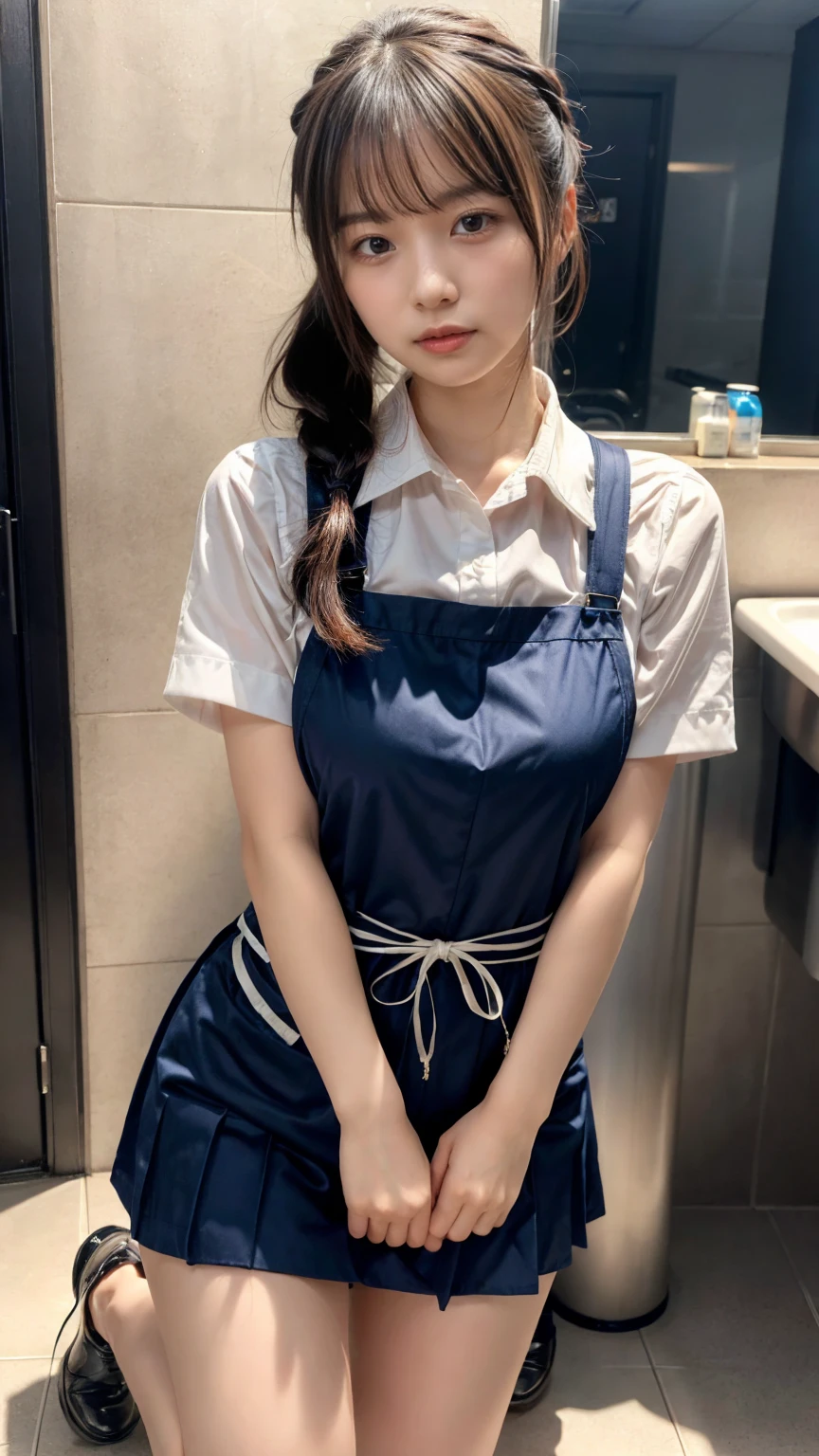 masterpiece, best quality, illustration, Super detailed, fine details, High resolution, 8K,wall paper, perfect dynamic composition,(Details High quality, realistic depiction of eyes:1.3), kneeling, Men's restroom at school, Toilet urinals lined up、waitress uniform, apron, large breasts, expresses the roundness and softness of your chest, Don't expose it、Disturbed uniform, ponytail, black hair color, Big Natural Color Lip, perfect body shape, crying a little、cold gaze, Harajuku style、20 year old girl、cute type, beautiful legs, Gravure Idol